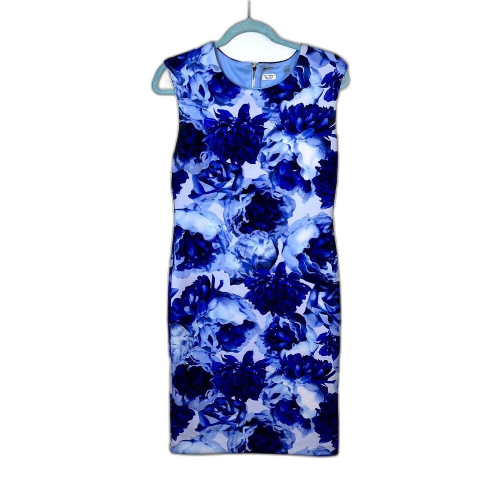 Tahari Sheath Dress Women 8 Blue Floral Zip Back Sleeveless Cottagecore Cocktail